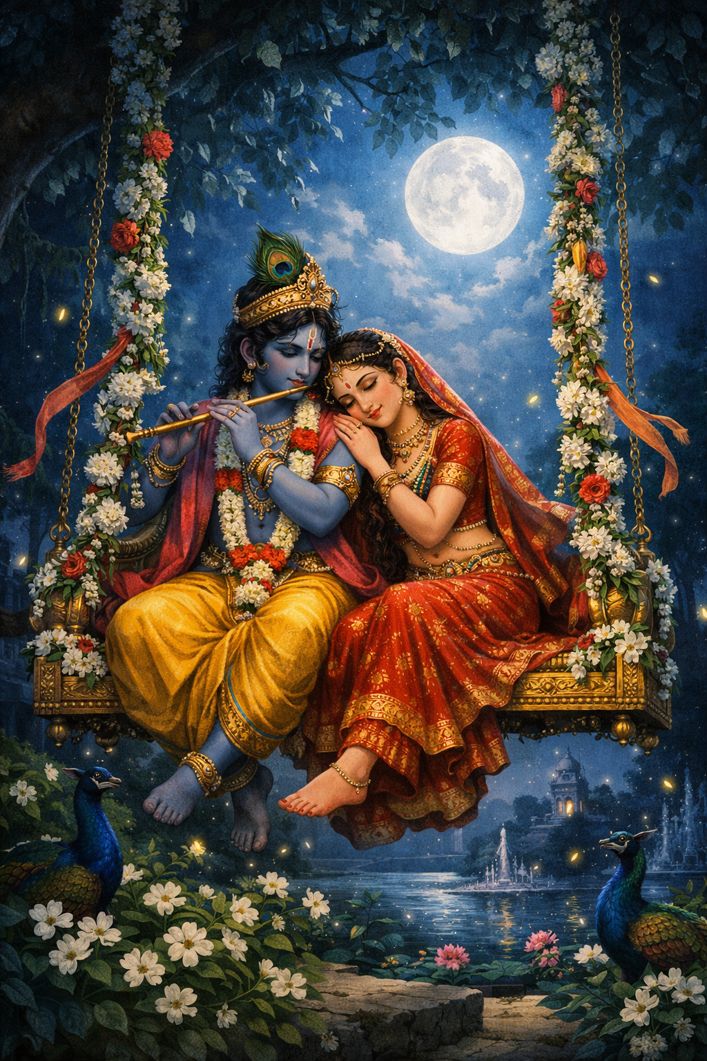 Radha Krishna on swing under full moon with fireflies silver moonlight and peaceful night atmosphere